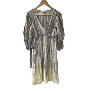 Ted Baker 100% Silk London Striped V Neck Puff Sleeve Belted Midi Dress Size 2